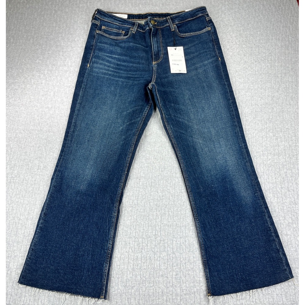 New Zara Bootcut Jeans Women 14 Blue Raw Hem Straight Leg Dark Wash Denim